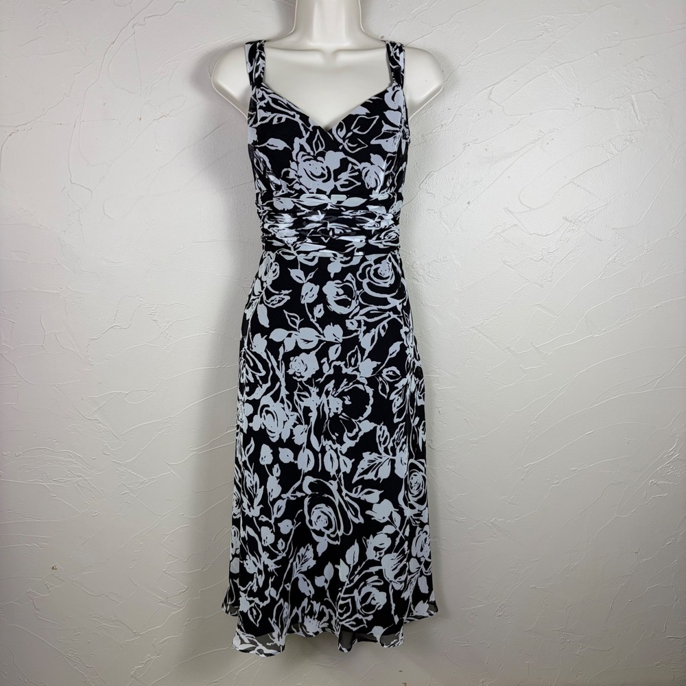 Ann Taylor Floral Midi Dress Size 10 Ruched Waist Black White Rose Print Wedding